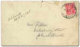 Ad di tional Ex - press De liv ery Ser vice paid by 6d (dam aged) Express Delivery stamp. Estimate $750-1,000 1946 New Zea land, 1929 (June 21) Karamea Earth - quake Emer gency Flights (NZAMC 34b).