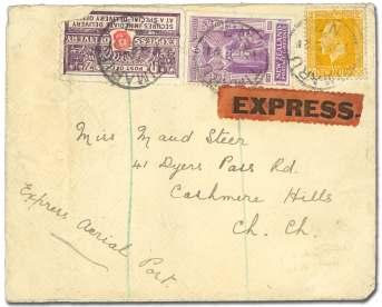 For a pe riod May 9-July 30, 1921, a reg u lar week day ser vice was of fered by Walsh Bros. and Dex ter Ltd. This cover flown from Whangarei on July 6th. Signed by pi lot. One-line Per Ae rial Post.