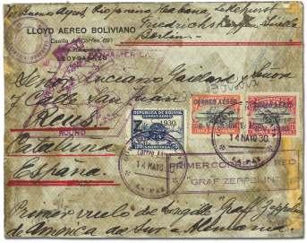 Pic ture post card from Cochabamba to Ham burg, with pur ple boxed flight ca - chet (re verse), red boxed Cochabamba air mail ca chet (re - verse), US vi o let di a mond flight ca chet,