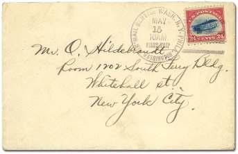 2002 United States, 1918, 24 car mine rose & blue (C3), first flight cover ad dressed to New York City, tied on