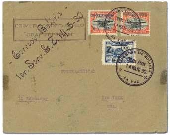 Cover from La Paz to Stuttgart, with black boxed flight ca chet, US vi o let di a mond flight ca chet, Friedrichshafen backstamp; franked with Scott C8 hor i zon tal pair, C15 (Sanabria 19, 25), Very