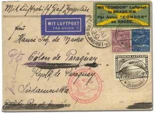 Estimate $150-200 1815 Ger many, 1930 (May 18-22), Graf Zep pe lin Flight, Friedrichshafen - Pernambuco, red flight ca chet, franked with Michel