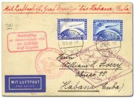Estimate $150-200 1816 Ger many, 1930 (May 19 - June 2), Graf Zep - pe lin Flight, Berlin - Ha vana, post card with red Berlin - Se ville con nec