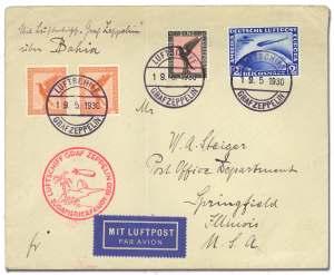 No mail drop at Ha vana, flown to Lakehurst, then by air to Ha vana, ar rival post mark June 2. Franked with 2 x Mi. 438, Scott C38. Michel 66Ic.