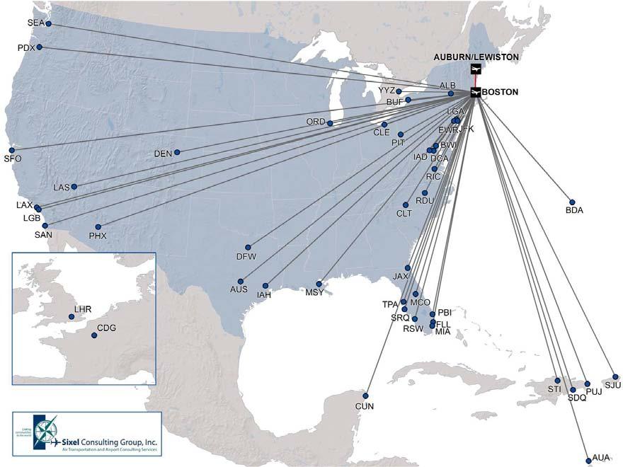 Cape Air service from Auburn- Lewiston to Boston would open 45 one-stop destinations over the Boston hub (see map 3).