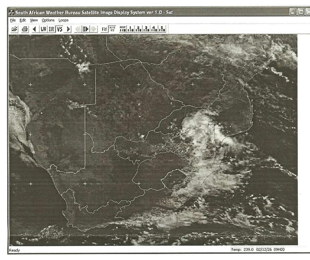 2. Satellite Imagery: The 0900Z visual image for 26 December 2002 shows cloudy conditions over the eastern parts of the country, including KwaZulu-Natal and the Eastern Cape. 3.