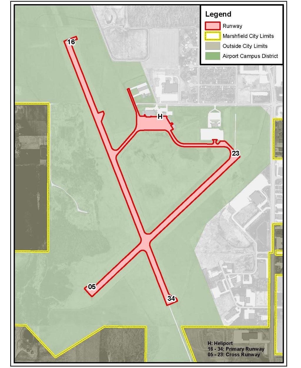 (2.) Runways Currently there are two operational runways on the airport campus district ground. There is a primary runway (16 34) which is hard surfaced, 100 wide by 5,002 long.