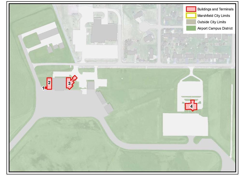 (3.) Terminals/Buildings As of August 2012 the following buildings in Table 2-3b were present on the Airport Campus District (buildings are marked with a number on their outside walls for fire