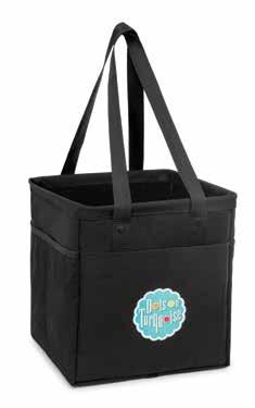5 22W Material: Non-woven Description: Adjustable width shopper tote clips to shopping carts for shopping convenience / Large expandable main compartment / Multiple decoration locations for