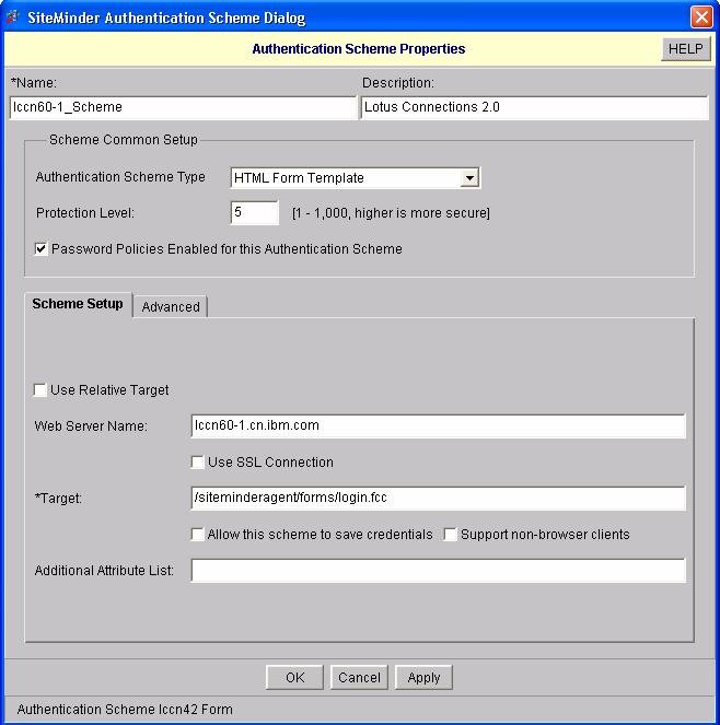Figure 9. Authentication Scheme Properties dialog 2. Enter a unique name, for example, lccn60-1_scheme, and description (optional) in the fields provided. 3.