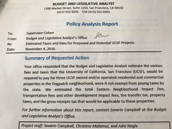 SF Budget Analyst Report Assumptions Scope Impact Needs/Requests Related to UCSF Expansion Into Dogpatch 52