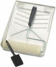Premium Metal Tray & Roller Set Includes tray, 5-wire roller frame, One Coat semi-smooth 9" cover, and a 2" foam trim brush.