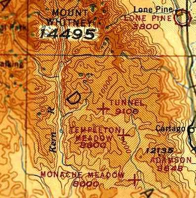 The earliest aeronautical chart depiction of the Tunnel Meadows Airport which has been located was on the August 1945 Mt. Whitney World Aeronautical Chart (courtesy of Chris Kennedy).