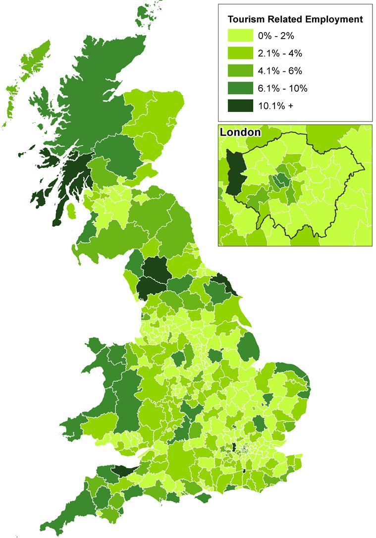 4.4 Tourism in Cumbria This map shows clearly the concentration of tourism related employment in Cumbria and in particular for Eden and South Lakeland. (Source: ONS and Deloitte analysis).