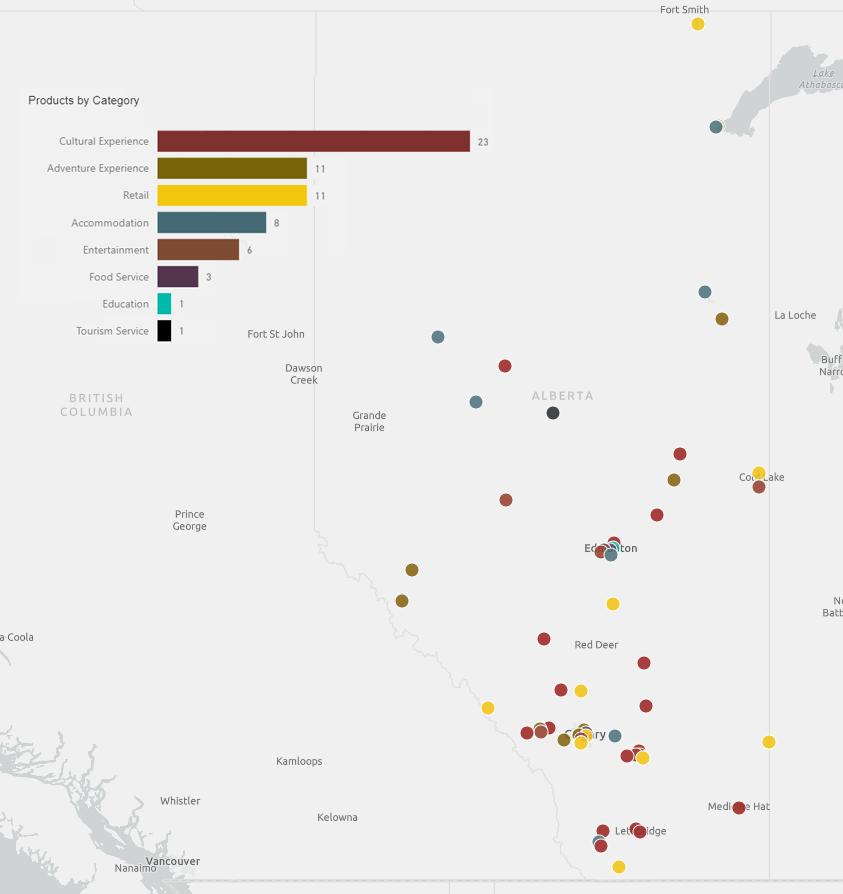 ALBERTA INDIGENOUS TOURISM PRODUCT GEOGRAPHIC DISTRIBUTION An analysis of the distribution of existing Indigenous tourism experiences across Alberta reveals strengths