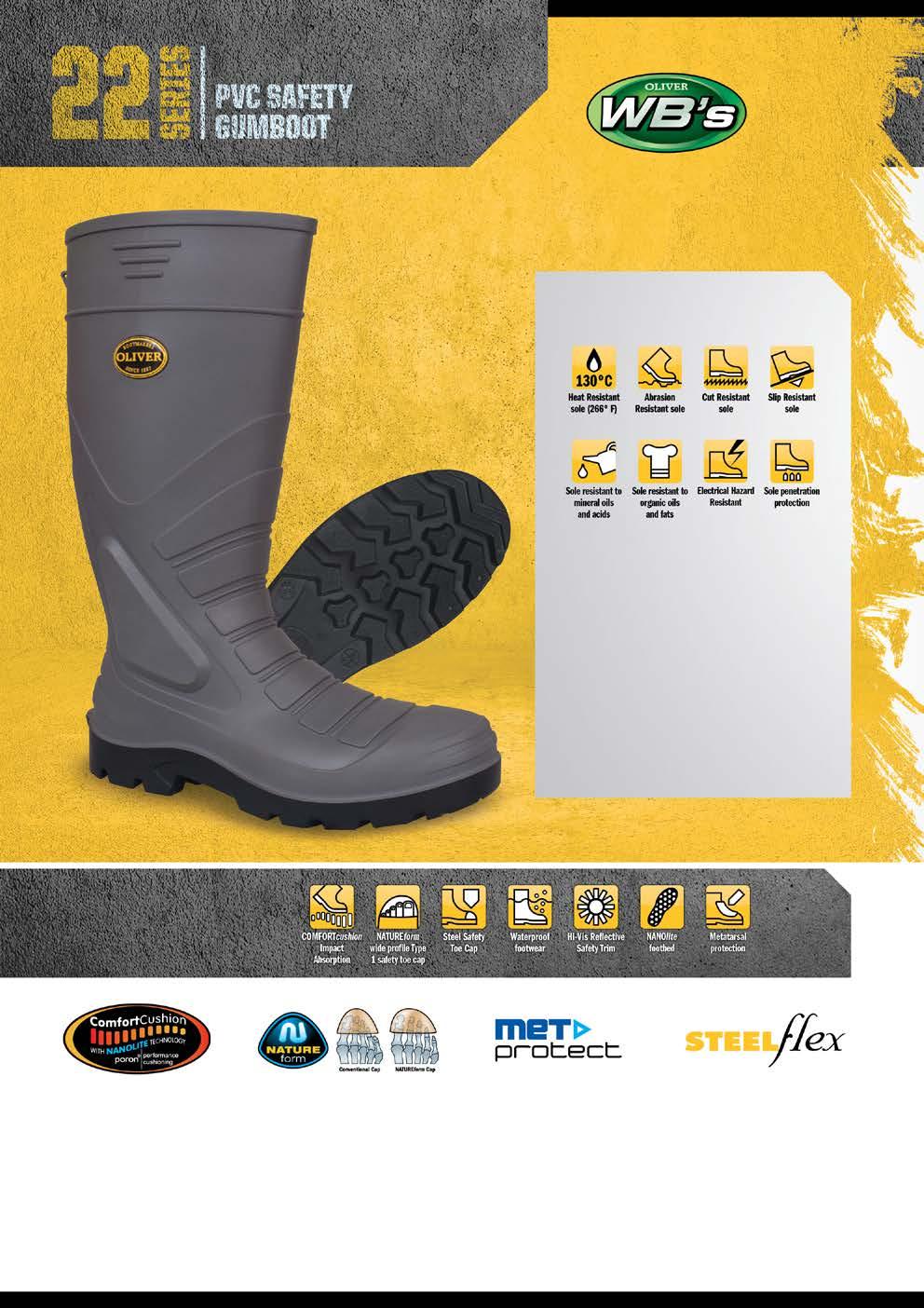 22-205 GREY SAFETY GUMBOOT Waterproof PVC gumboot STEELflex steel midsole penetration protection METprotect Metatarsal protection Kick off spur Two trim heights Sizes: 5-13 COMPLIES AS/NZS 2210.