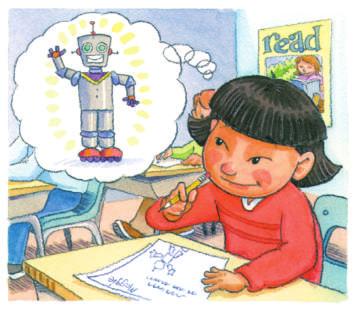 That day at school, Maggie could barely sit still. All she could think about was the robot. At recess she told her friends about her new sidekick.