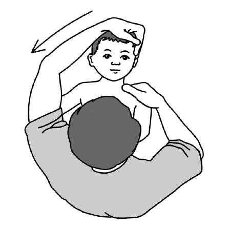 r Your child has torticollis on the left side. Stretch your child s muscles by keeping your right hand on your child s upper chest and shoulder area.