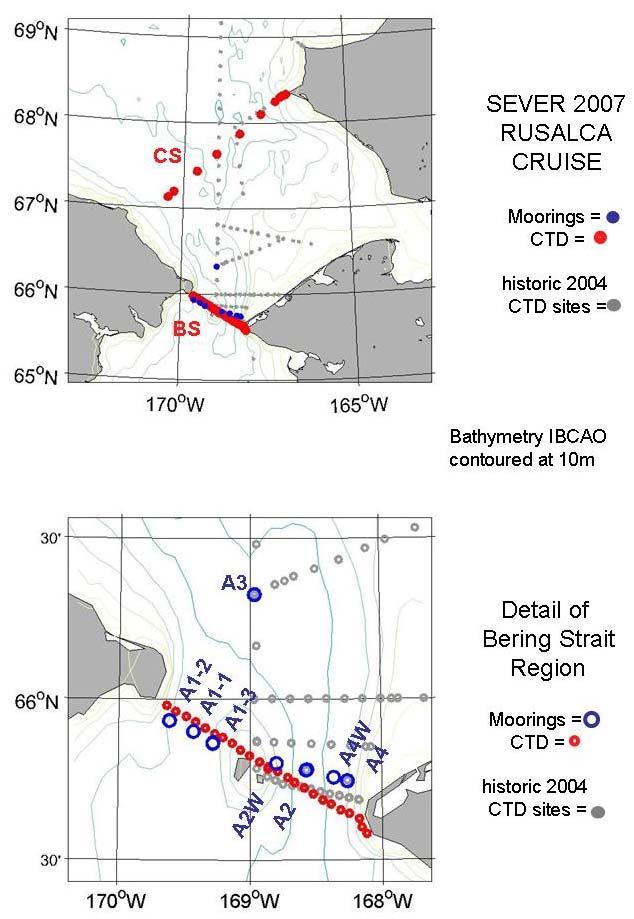 Cruise Map of Stations relevant to UW Mooring work SEVER 2007 RUSALCA mooring (blue dots) and CTD (red dots) locations.