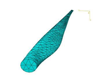 This tetrahedral mesh is an acceptable starting point for the analysis because it captures the correct blade geometry and does not take a long time to run with only 2,048 elements.