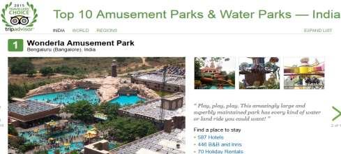 GLOBAL RANKING AND RECOGNITION Wonderla parks were ranked at #1 and #2 in India by