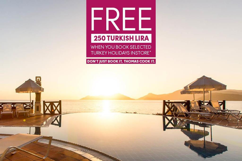 Offer applies to Thomas Cook branded package holidays to Turkey departing in either July, August or September 2018 where the minimum spend is 750 per booking.