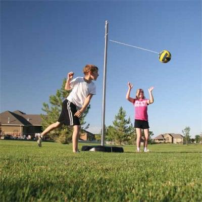 This tetherball system comes with a soft-touch ball, powdercoated steel pole, and heavy-duty portable base. All with durable weather-resistant construction.