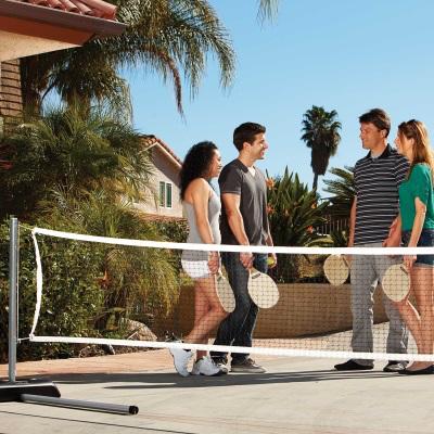 The portable pole bases can be filled with sand or water for necessary stability. This portable design makes the set perfect to set up in the driveway, at the beach, the pool or the backyard.