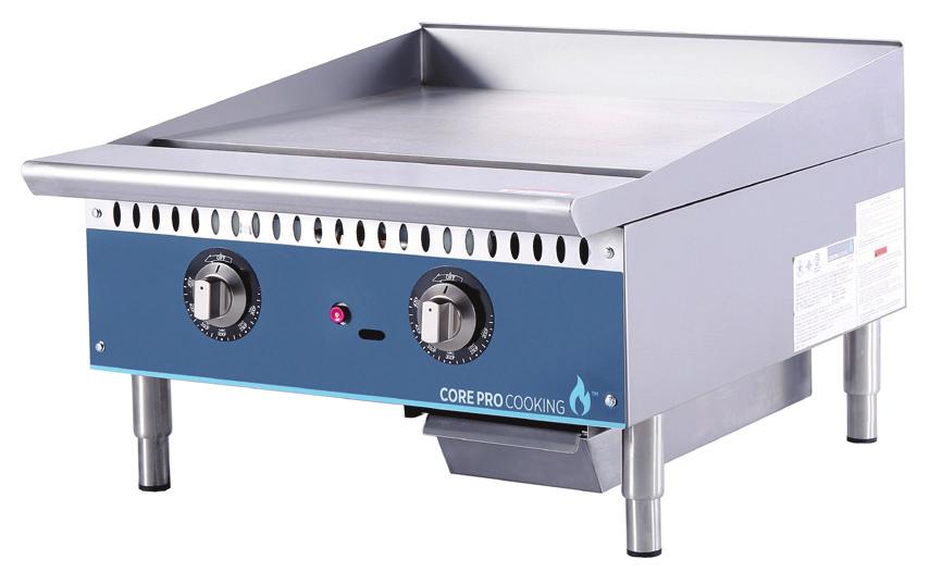 MANUAL CONTROLS ; ¾ steel griddle plate, AND THERMOSTATIC CONTROLS; 1 steel griddle plate; T-stat