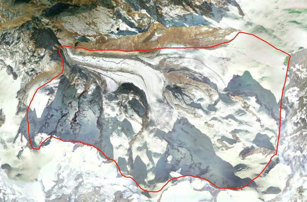Figure 1.1 Gornergletscher and the highly glacierised catchment area.