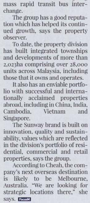 conditions," says Quah. But sales have been low. "Sunway's 1Q18 property sales only came in at RM166 mil as the group has yet to ramp up its launches. It is targeting RM1.