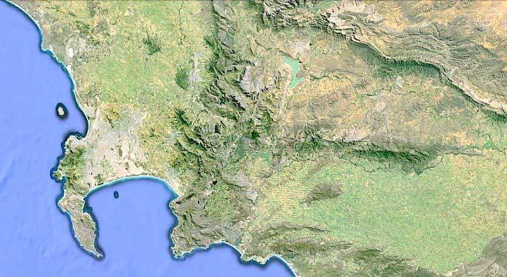 Google Earth satellite image showing the core area of the Cape Floral Region, with the Cape peninsula (left), the Boland