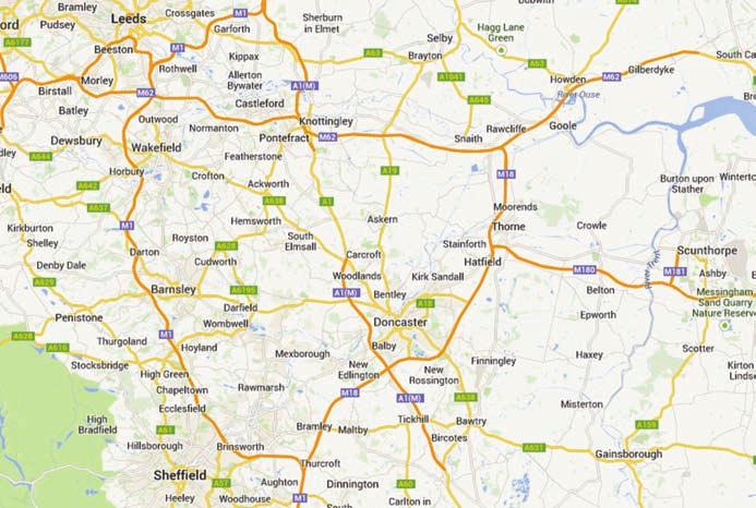 LOCATION Doncaster is located approximately 33 miles (53 km) south east of Leeds, 23 miles (37 km) north east of Sheffield and 44 miles (70 km) south of York.