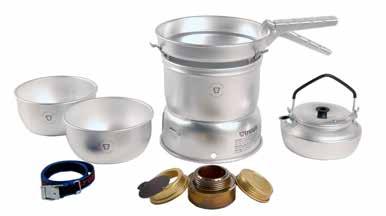 All the stove systems in the 27 series have two 1-litre saucepans (1 graded, 1 ungraded), an 18 cm frying pan, windshields (upper and lower), a burner, a pan grip and a strap.