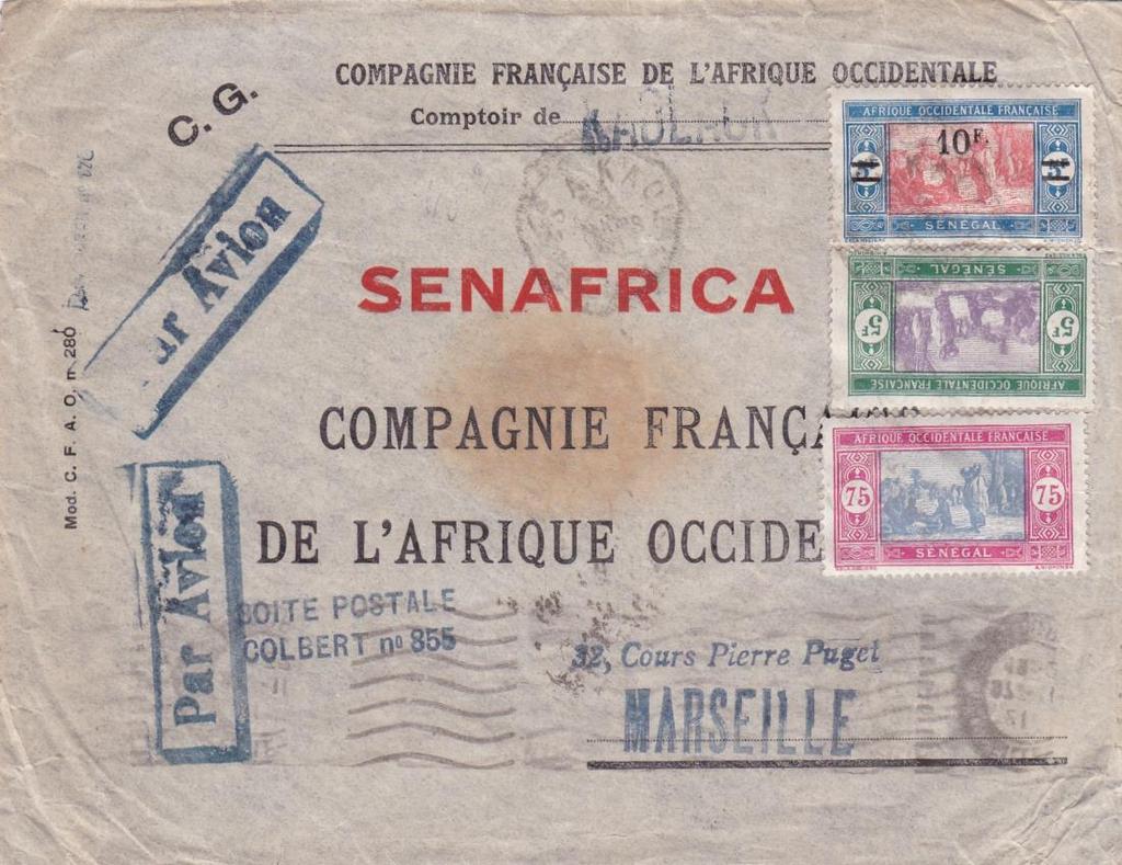 High Franking Commercial Airmail 1932 Airmail letter to France, Rate 15f75c Double Weight Letter, 20g -50g
