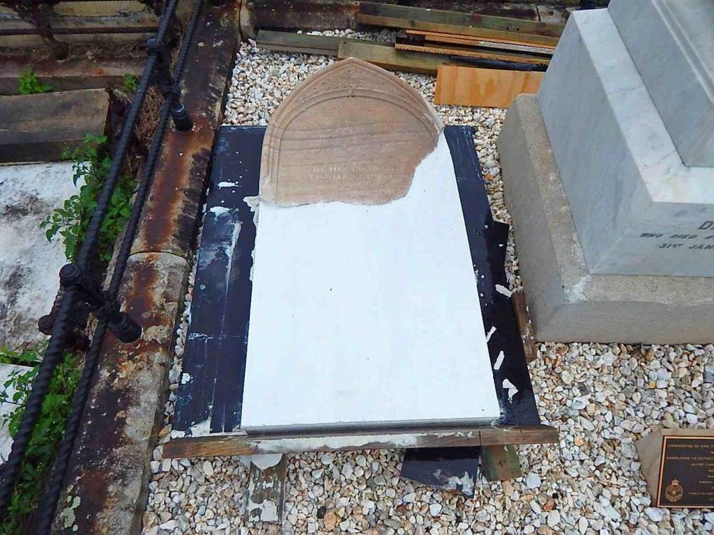 The repaired Brown/Seymour headstone. The white portion is the concrete blank which was be placed in and secured to the existing footings.
