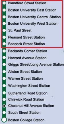 Diversion Route Buses will serve bus stops along Commonwealth Avenue at or near the following Green Line stations: