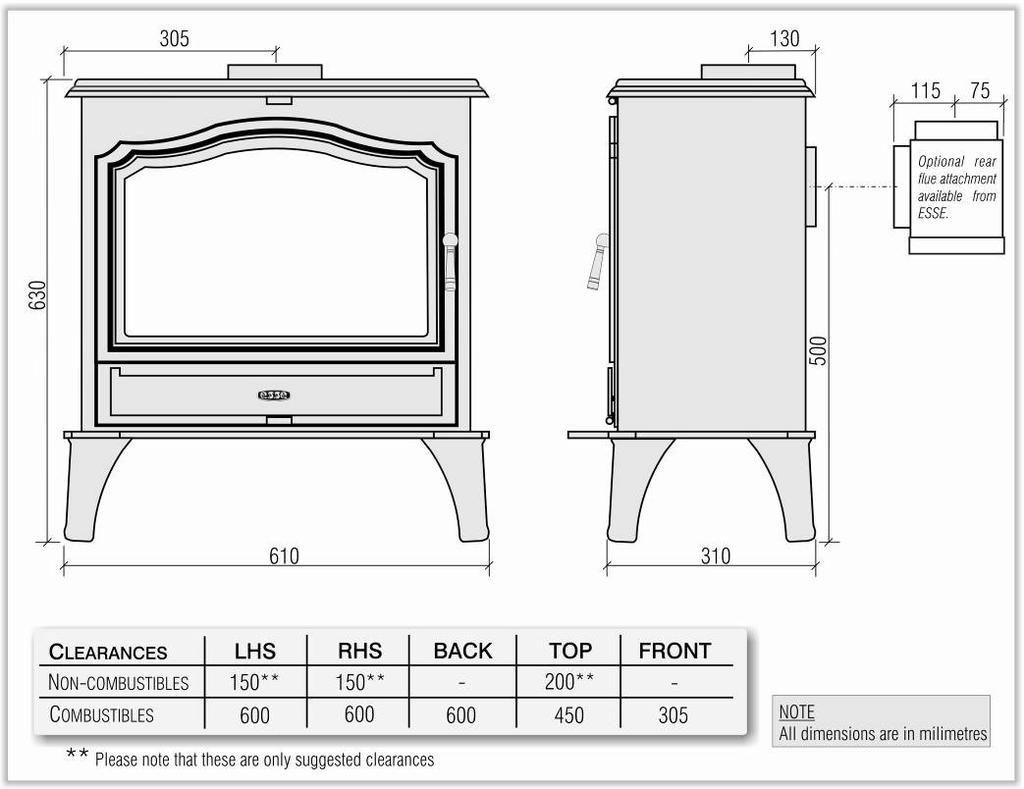 3 - Stove Dimensions ACQUISITIONS HEARTH The construction of the hearth must conform to Building Regulations, must be firm, noncombustible and capable of supporting the stove.