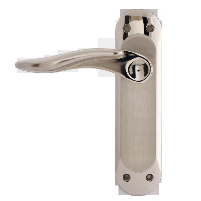 Lever on Plate Handles ALZETTE ALZETTE HANDLE WITH LATCH BACKPLATE Finish: Satin Nickel / Polished Nickel Barcode: 5060021370433 Plate Height: 190mm Plate Width: 48mm Handle Length: 133mm Order code: