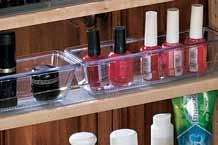 The adjustable shelves feature clear polycarbonate rails and non-skid vinyl shelf liners. Clear polycarbonate storage trays are also included to keep smaller items organized.