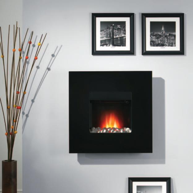 The slimline wall mounted landscape fires are increasingly popular and the Glamour features a chic, white pebble fuel bed, backed by a polished chrome