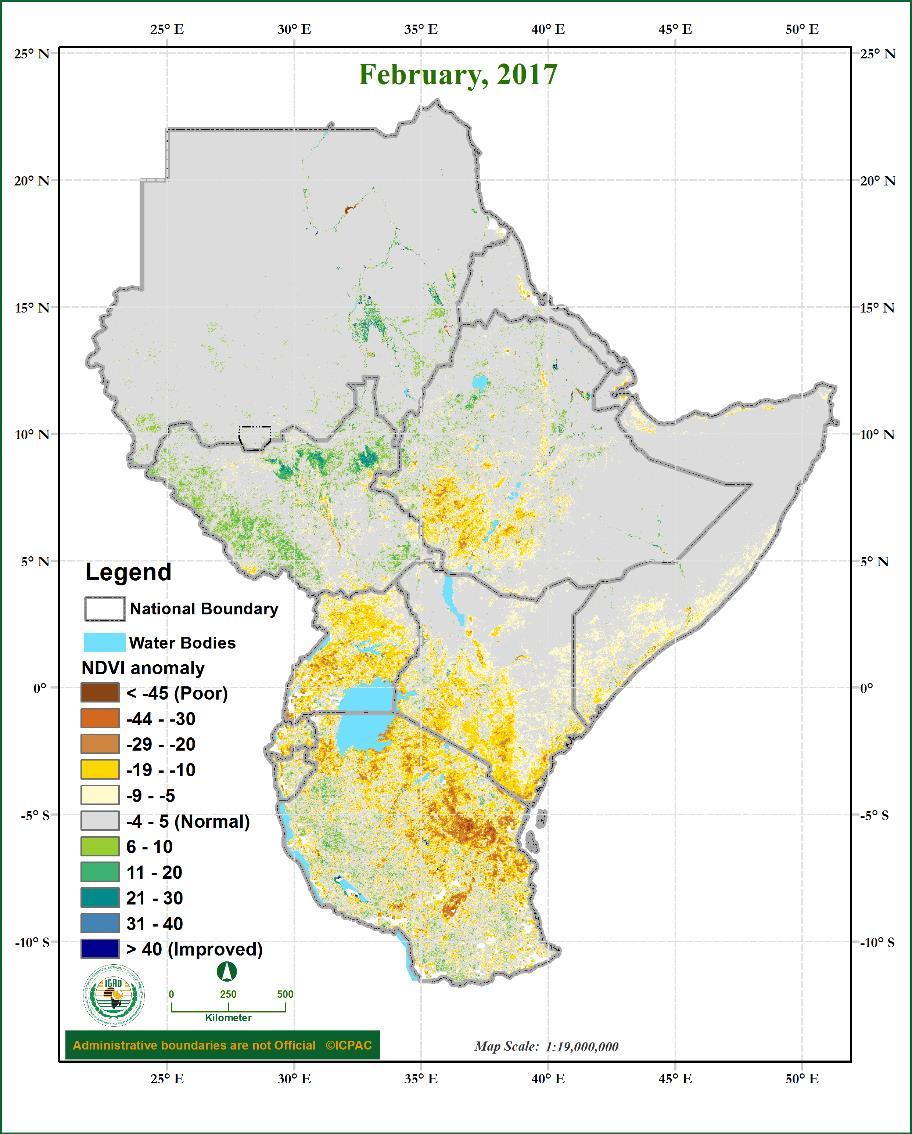Figure 8: Normalized Difference Vegetation Index (NDVI) of February 2017 over the Greater Horn of Africa (Data Source: USGS NASA) Impacts of observed climate conditions during February 2017 During