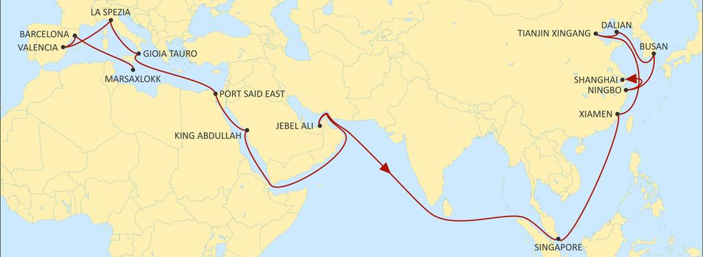 ASIA MEDITERRANEAN JADE EASTBOUND Fast West Mediterranean service to Red Sea, Middle East and Asia. Excellent reefer service to Middle East.