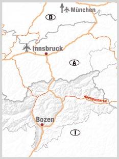 Coming from East via: Tauern Motorway or via Felbertauern to Lienz and further on to Alta Pusteria.