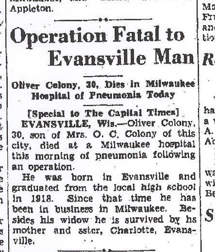 Rites Held Today for Mrs. Colony, 75, of Evansville Wisconsin State Journal November 12, 1935 Evansville Mrs. Sylvia Colony, 75, died early Sunday in a Madison hospital after a six months illness.