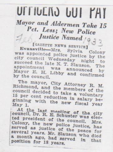Wisconsin from scrapbook no date February 1933, Janesville Gazette, Evansville, ***** Former Alderman Named Evansville Police Justice Wisconsin State Journal June 1, 1933 C. J. Smith, former second ward alderman, has been appointed police justice to succeed the late N.