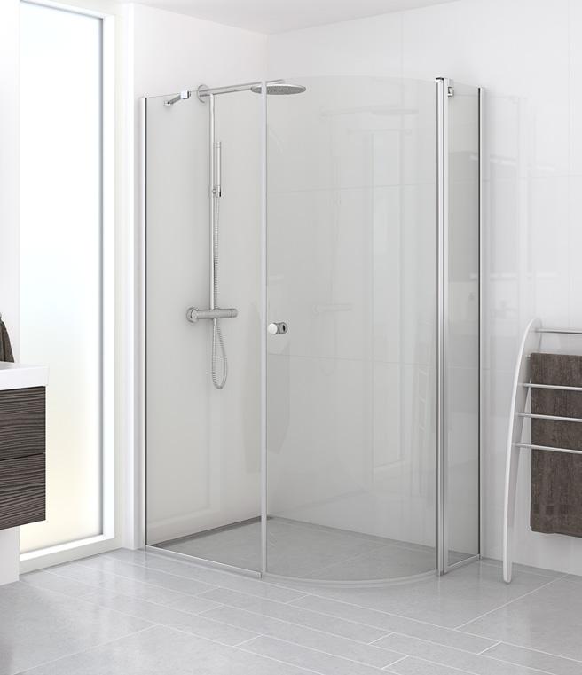 Optional offset solutions great use of space Extra high seals can be purchased separately Practical add on floor profile kit, keeps the water inside the showering area TWO QUADRANT HINGED DOORS (90