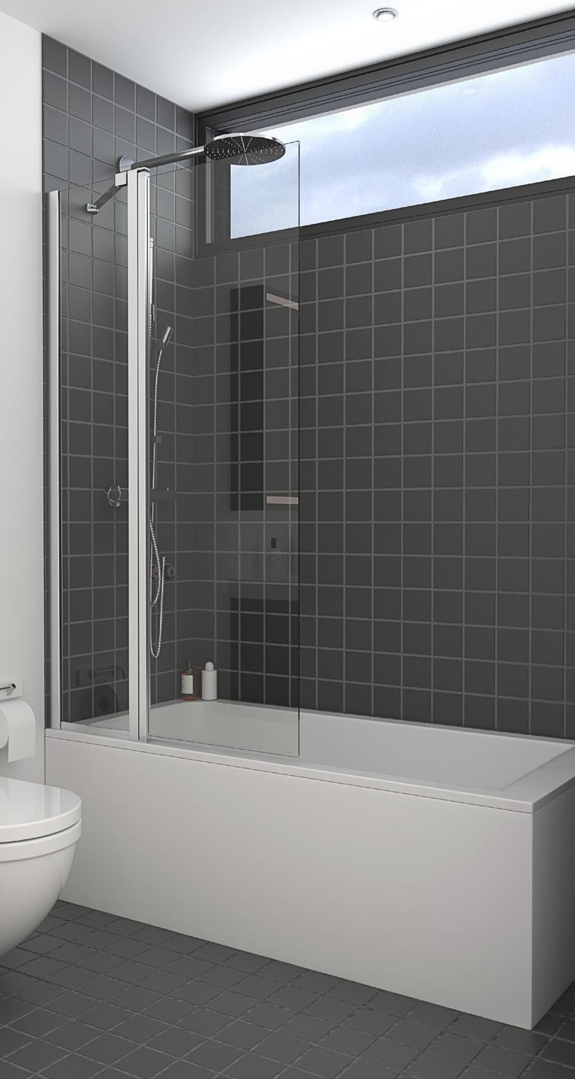 BATH PANEL WITH HINGED DOOR 155 X 90 CM Just because the bathroom is small, it does not have to feel that way. Say goodbye to the shower curtain and choose a MATCH bath panel instead.