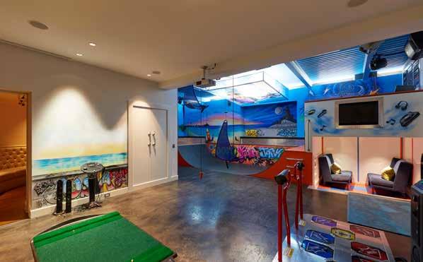 HALF-PIPE, ARTS AND CRAFTS AREA, DJ BOOTH, AND RECORDING AREA, A VIRTUAL SPORTS AREA WITH GOLF,