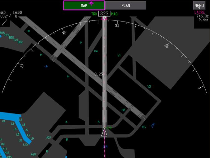 Airport Moving Map Maintains Crew Awareness Integrated with navigation display to maintains awareness of location on the